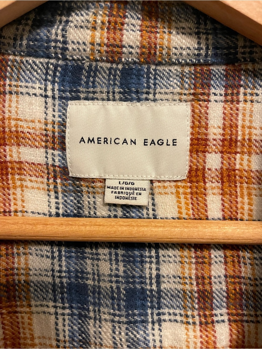 American Eagle Plaid Flannel in Blue, Orange, and Cream - Picture 2 of 3